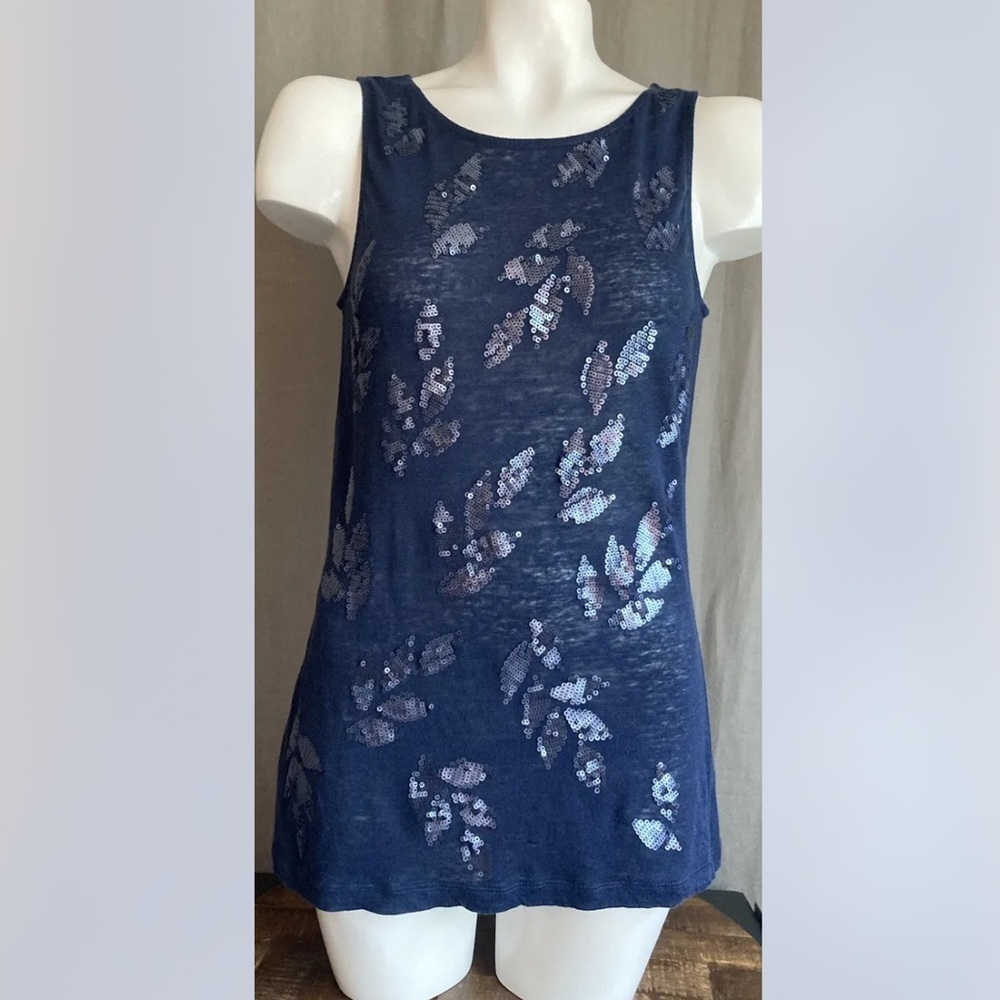 TOMMY Bahama Blue Linnea Monstera Leaf Sequined Linen Tank, Size Small